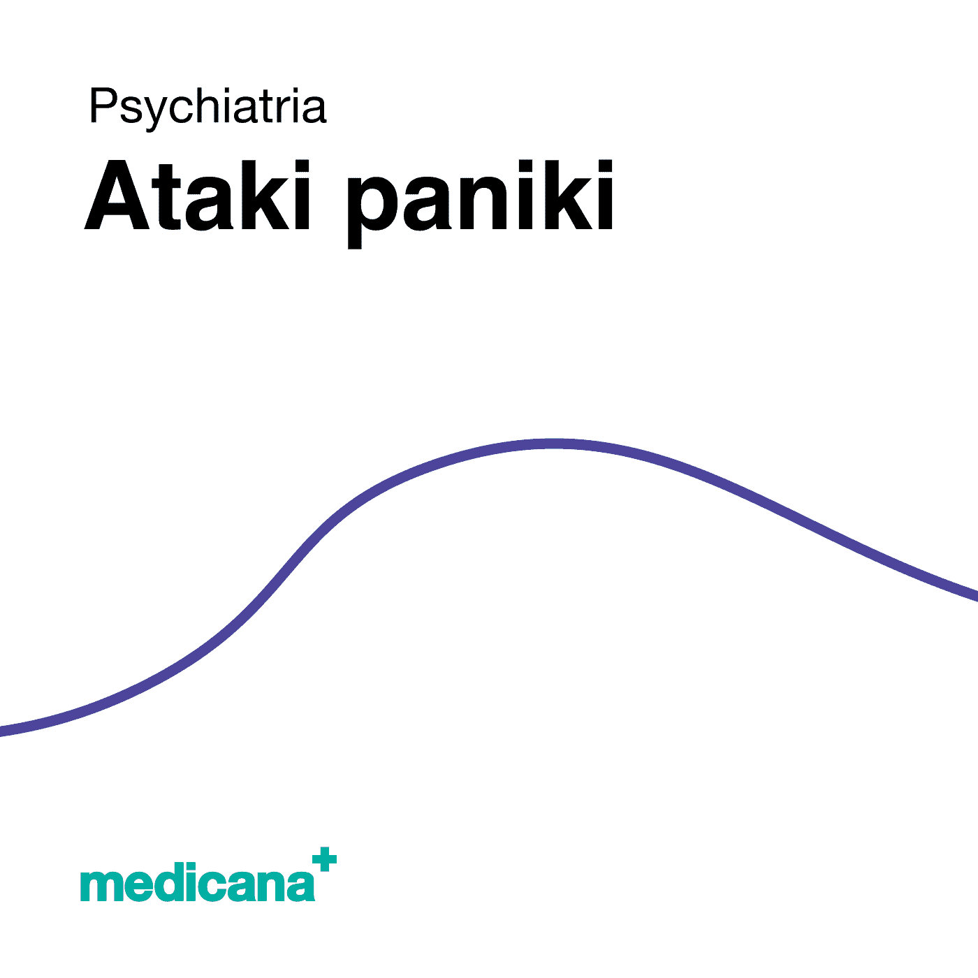 Grafika, białe tło z granatową kreską, czarnym napisem Psychiatria - Ataki paniki i logo Medicana Centrum Terapii Medyczna Marihuana w lewym dolnym rogu.