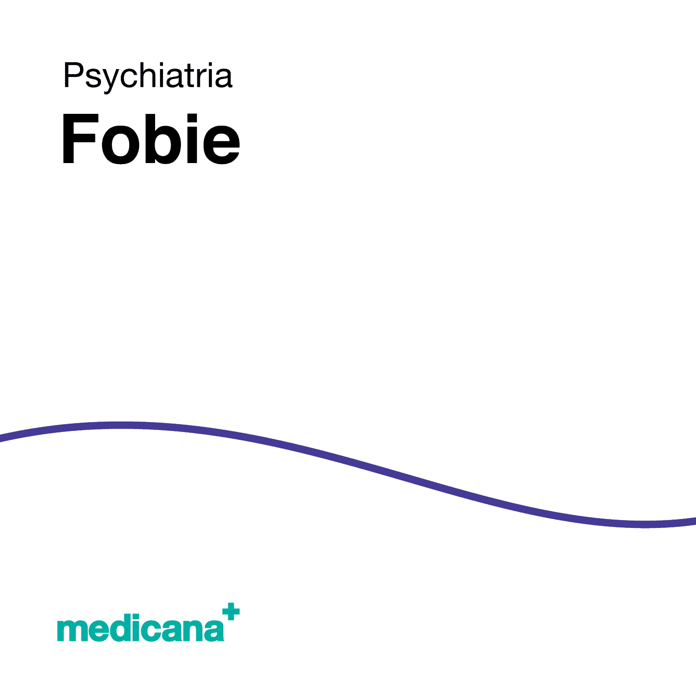 Grafika, białe tło z granatową kreską, czarnym napisem Psychiatria - Fobie i logo Medicana Centrum Terapii Medyczna Marihuana w lewym dolnym rogu.