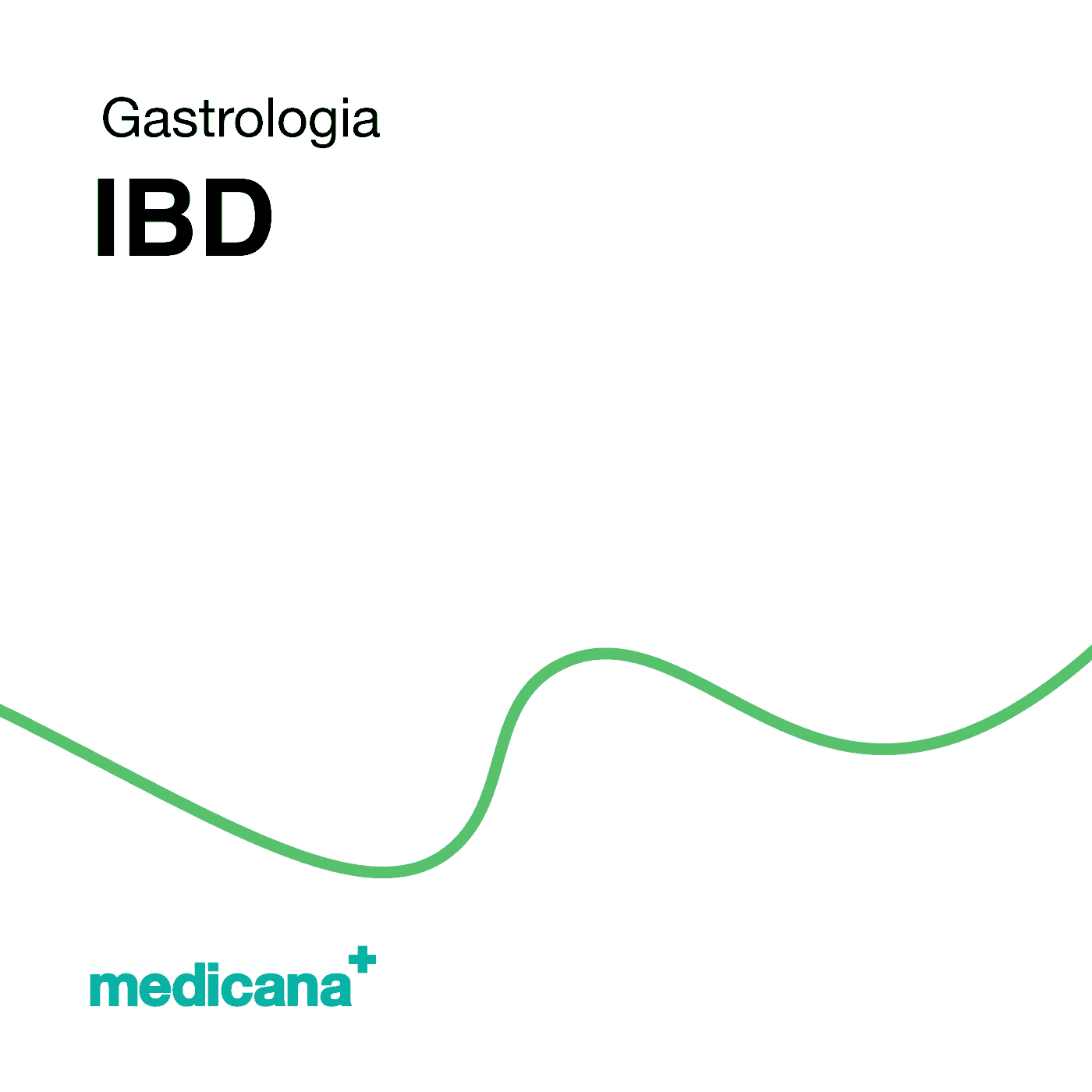 Grafika, białe tło z zieloną kreską, czarnym napisem Gastrologia - IBD i logo Medicana Centrum Terapii Medyczna Marihuana w lewym dolnym rogu.