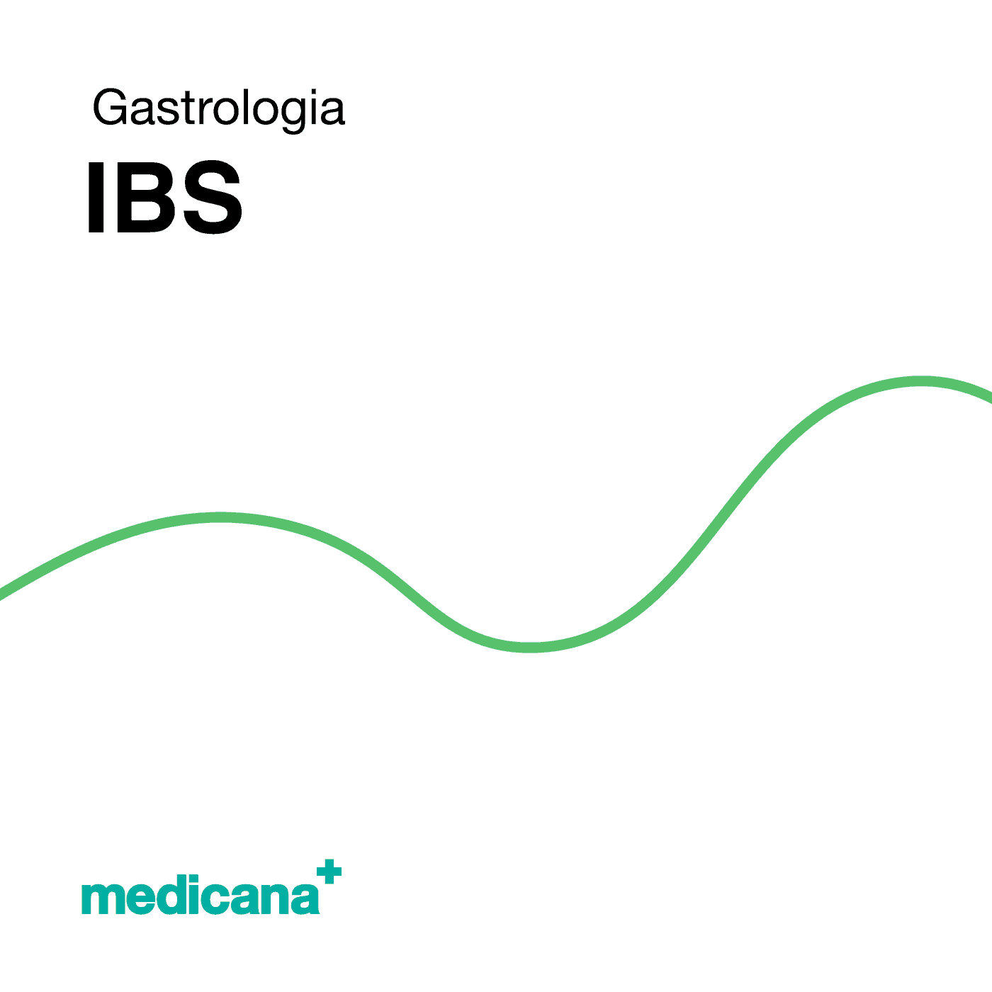 Grafika, białe tło z zieloną kreską, czarnym napisem Gastrologia - IBS i logo Medicana Centrum Terapii Medyczna Marihuana w lewym dolnym rogu.