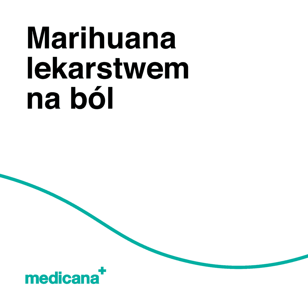 Grafika, białe tło z zieloną linią, czarnym napisem Marihuana lekarstwem na ból i logo Medicana Centrum Terapii Medyczna Marihuana w lewym dolnym rogu.