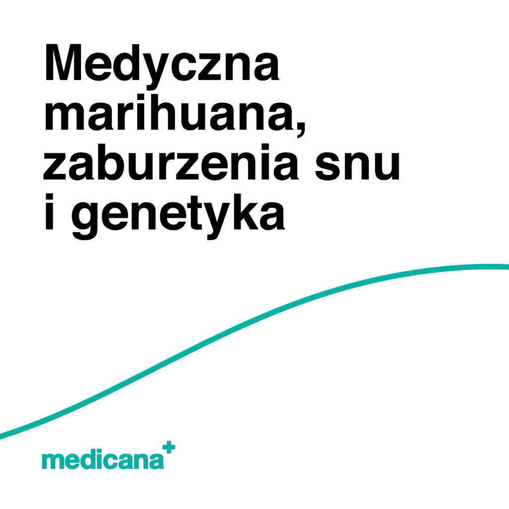 Grafika, białe tło z zieloną linią, czarnym napisem Medyczna marihuana, zaburzenia snu i genetyka i logo Medicana Centrum Terapii Medyczna Marihuana w lewym dolnym rogu.
