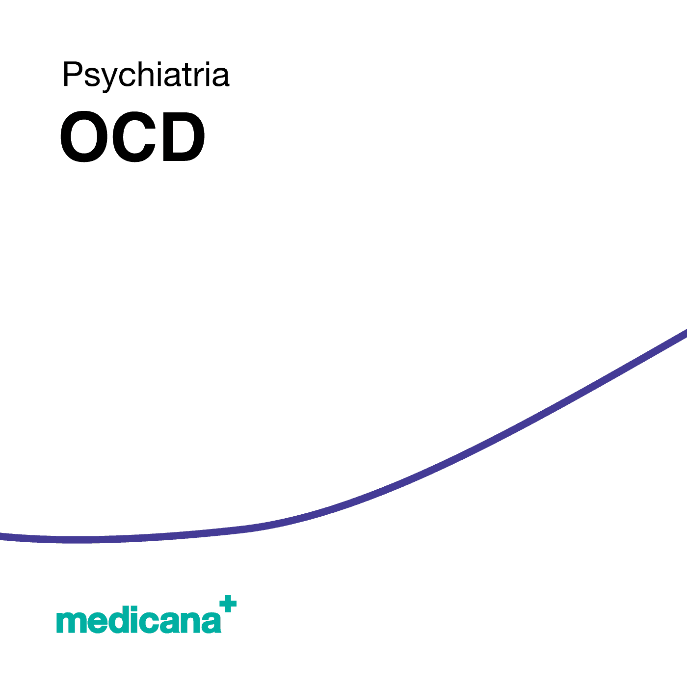 Grafika, białe tło z granatową kreską, czarnym napisem Psychiatria - OCD i logo Medicana Centrum Terapii Medyczna Marihuana w lewym dolnym rogu.