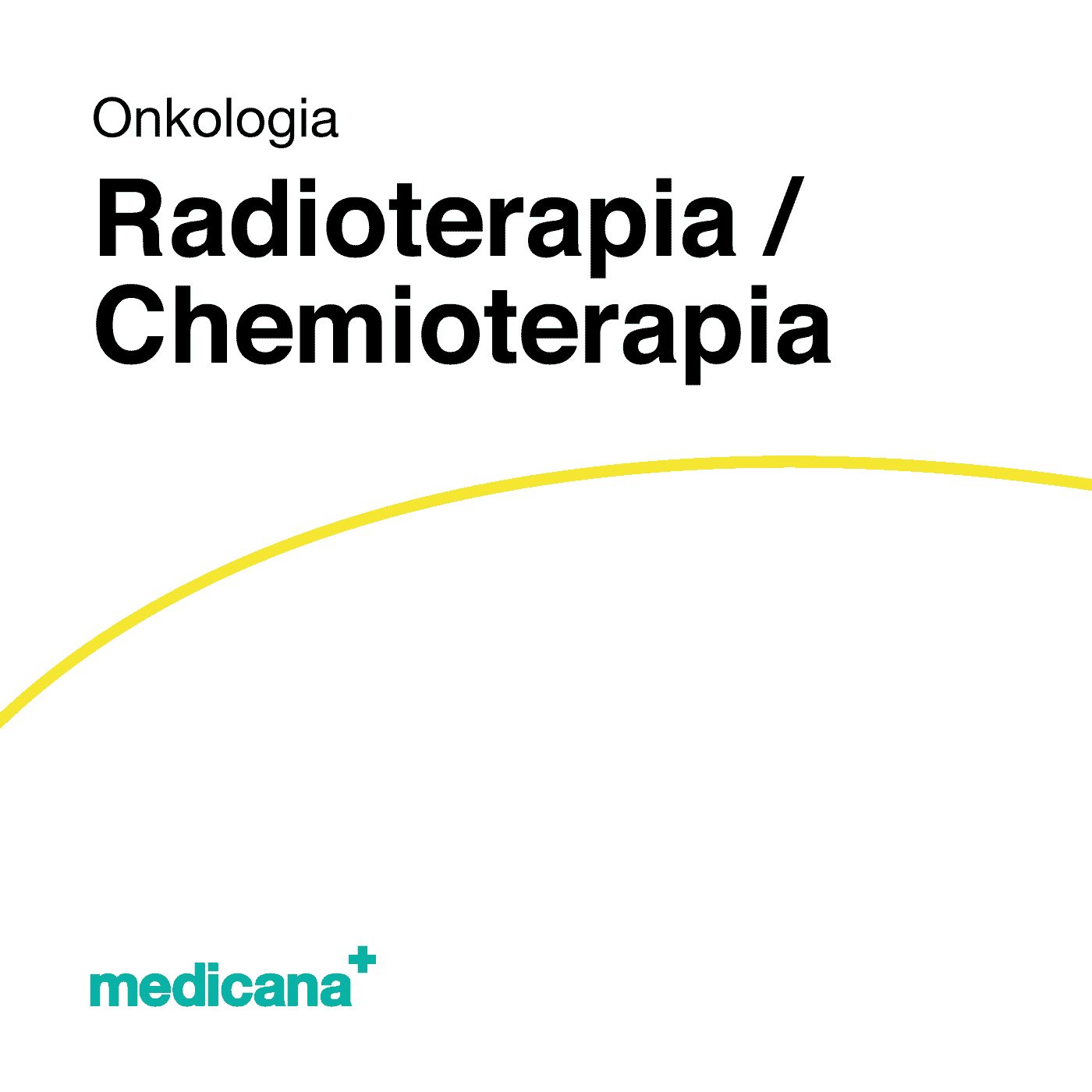 Grafika, białe tło z żółtą kreską, czarnym napisem Onkologia - Radioterapia, Chemioterapia i logo Medicana Centrum Terapii Medyczna Marihuana w lewym dolnym rogu.