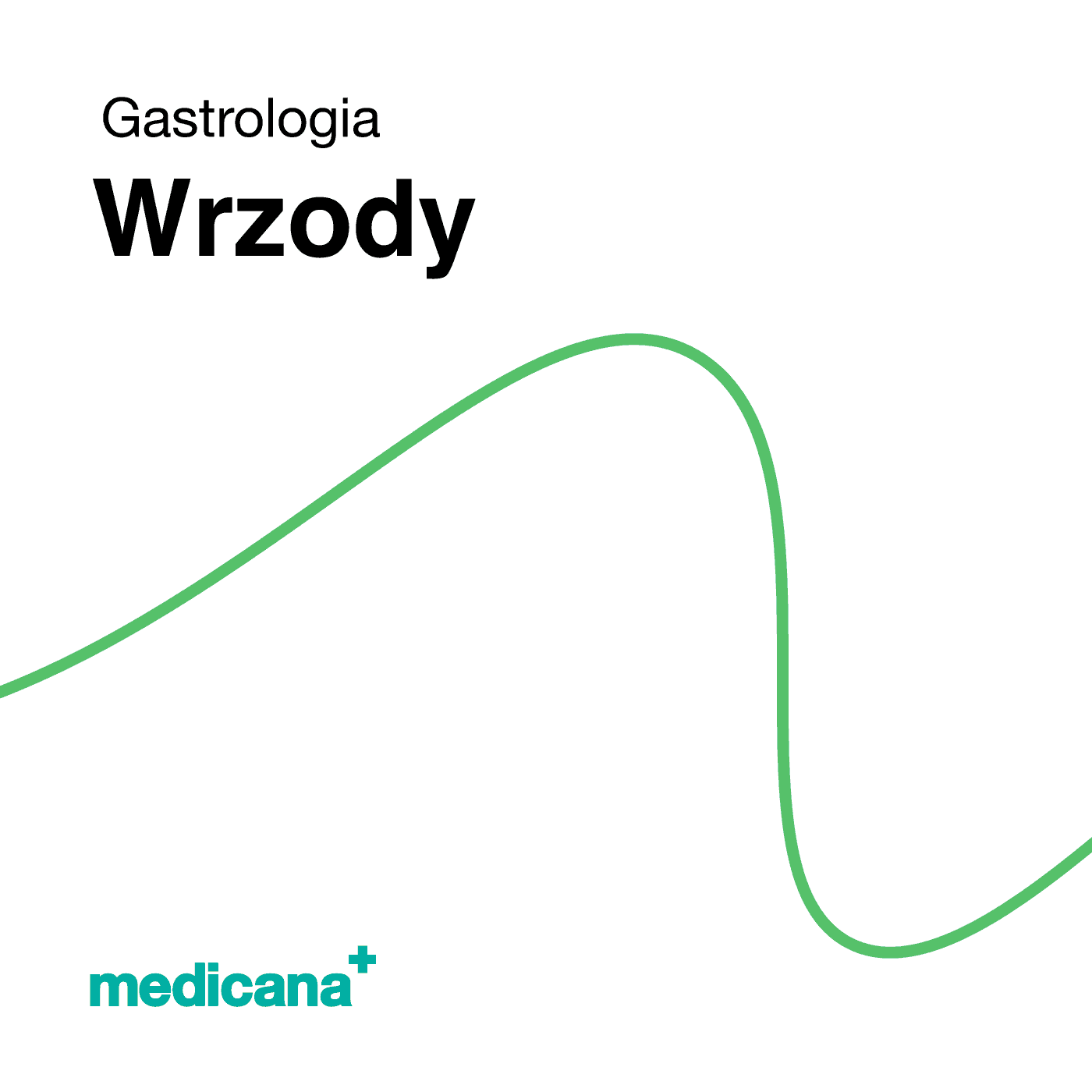 Grafika, białe tło z zieloną kreską, czarnym napisem Gastrologia - Wrzody i logo Medicana Centrum Terapii Medyczna Marihuana w lewym dolnym rogu.