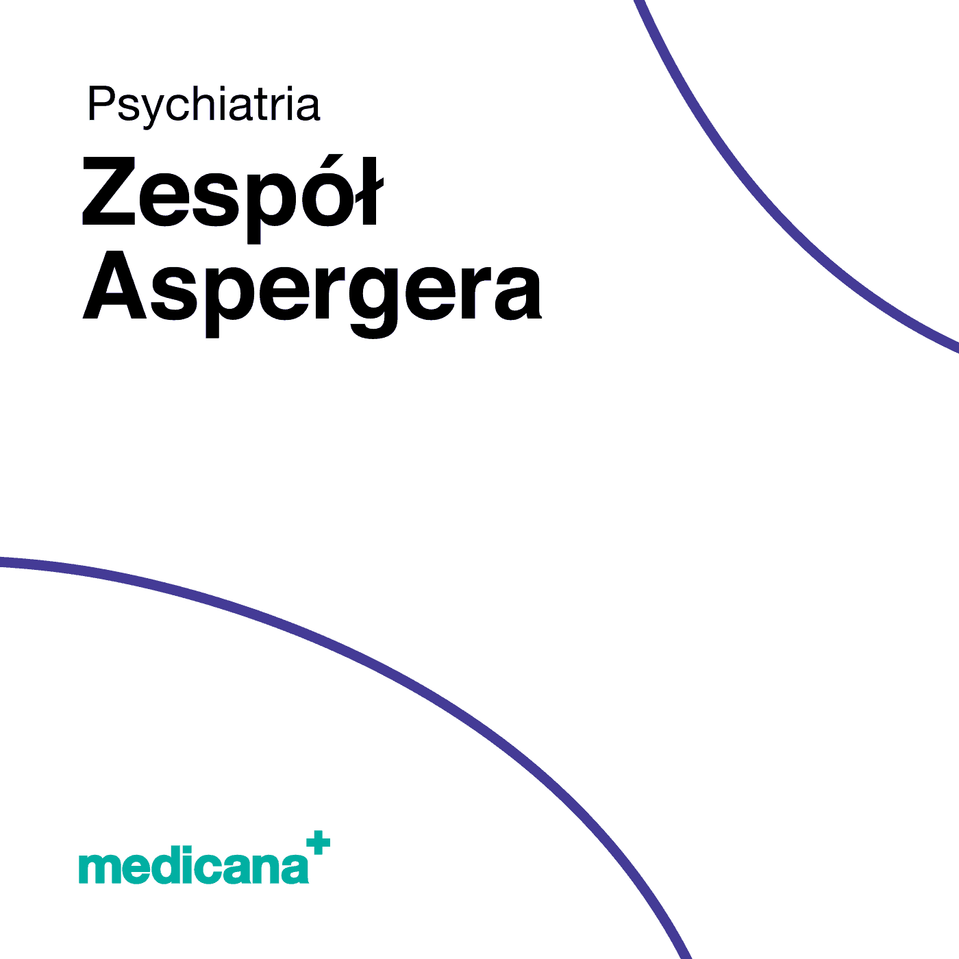 Grafika, białe tło z granatową kreską, czarnym napisem Psychiatria - Zespół Aspergera i logo Medicana Centrum Terapii Medyczna Marihuana w lewym dolnym rogu.
