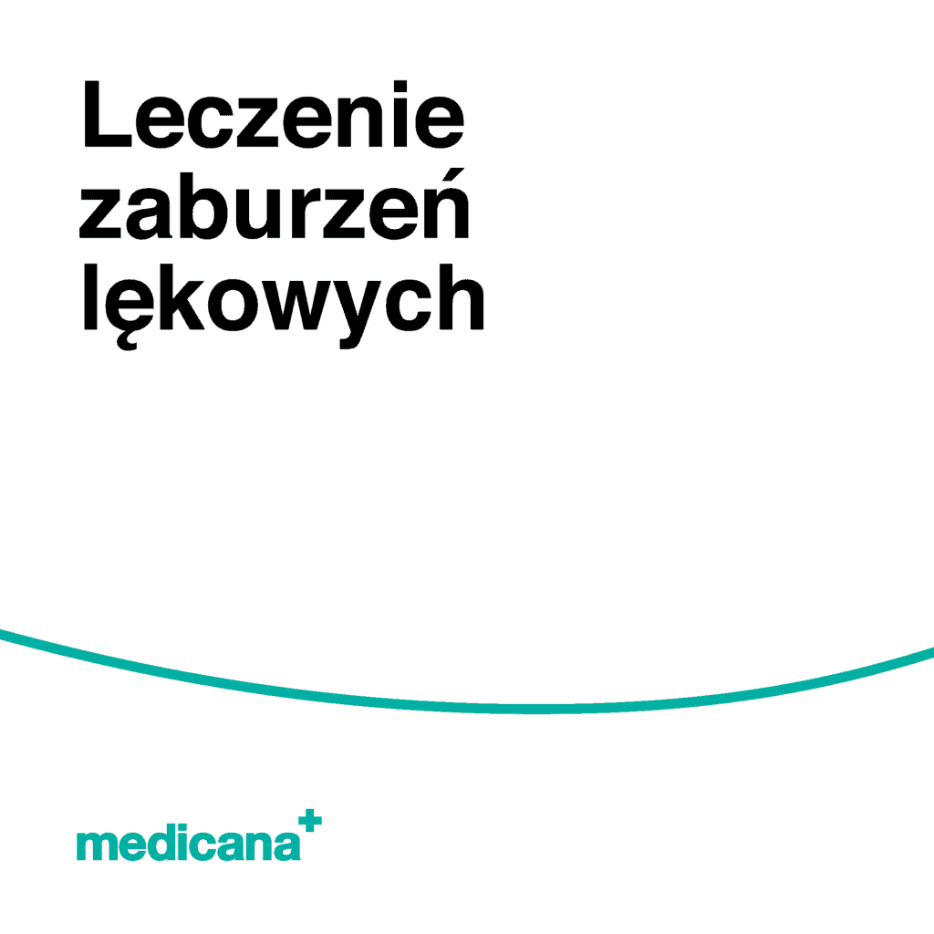 Grafika, białe tło z zieloną linią, czarnym napisem Leczenie zaburzeń lękowych i logo Medicana Centrum Terapii Medyczna Marihuana w lewym dolnym rogu.