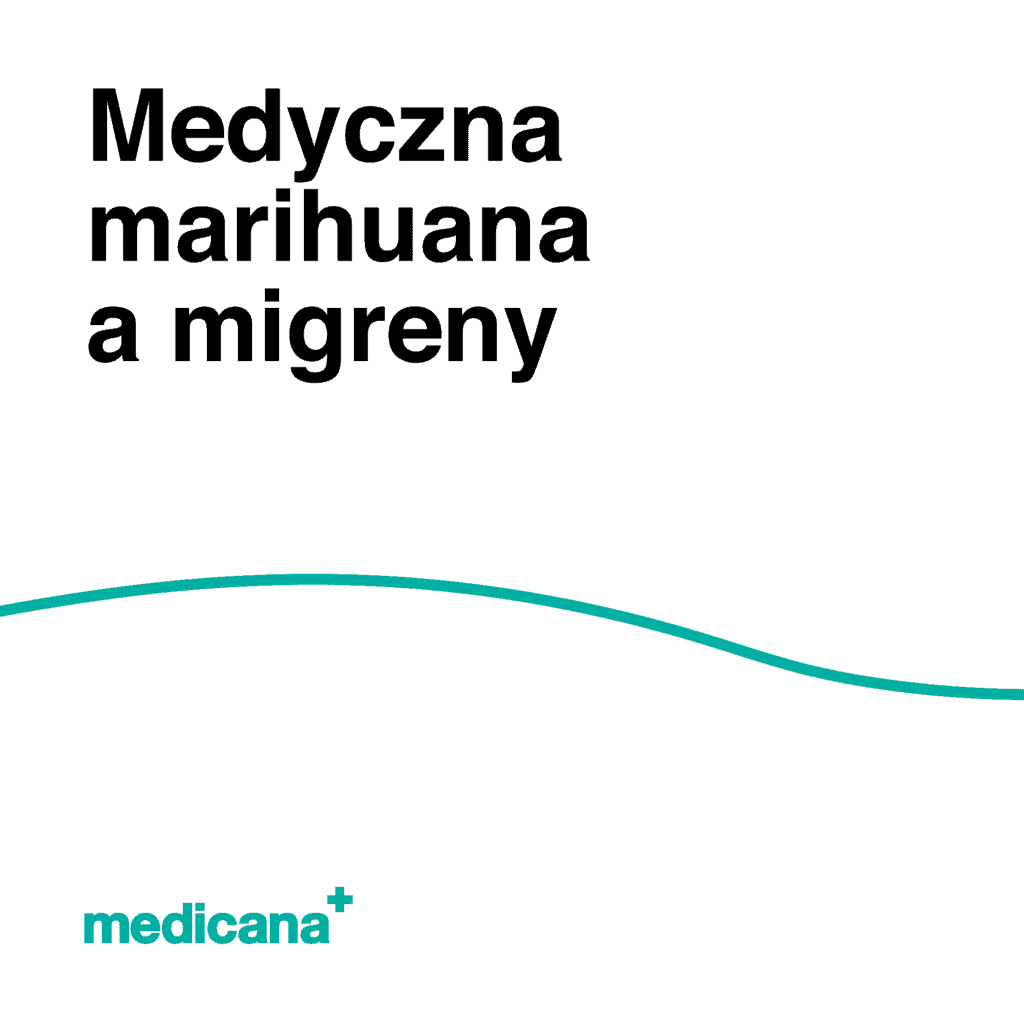 Grafika, białe tło z zieloną linią, czarnym napisem Medyczna marihuana a migreny i logo Medicana Centrum Terapii Medyczna Marihuana w lewym dolnym rogu.