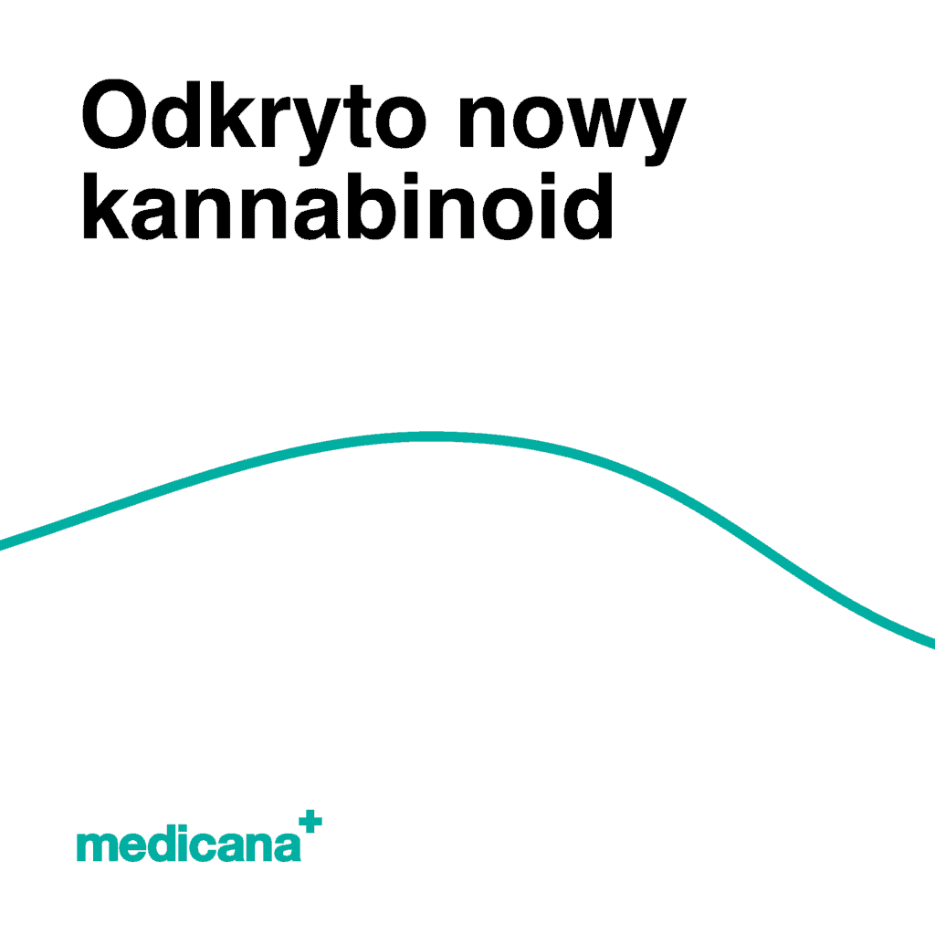 Grafika, białe tło z zieloną linią, czarnym napisem Odkryto nowy kannabinoid i logo Medicana Centrum Terapii Medyczna Marihuana w lewym dolnym rogu.