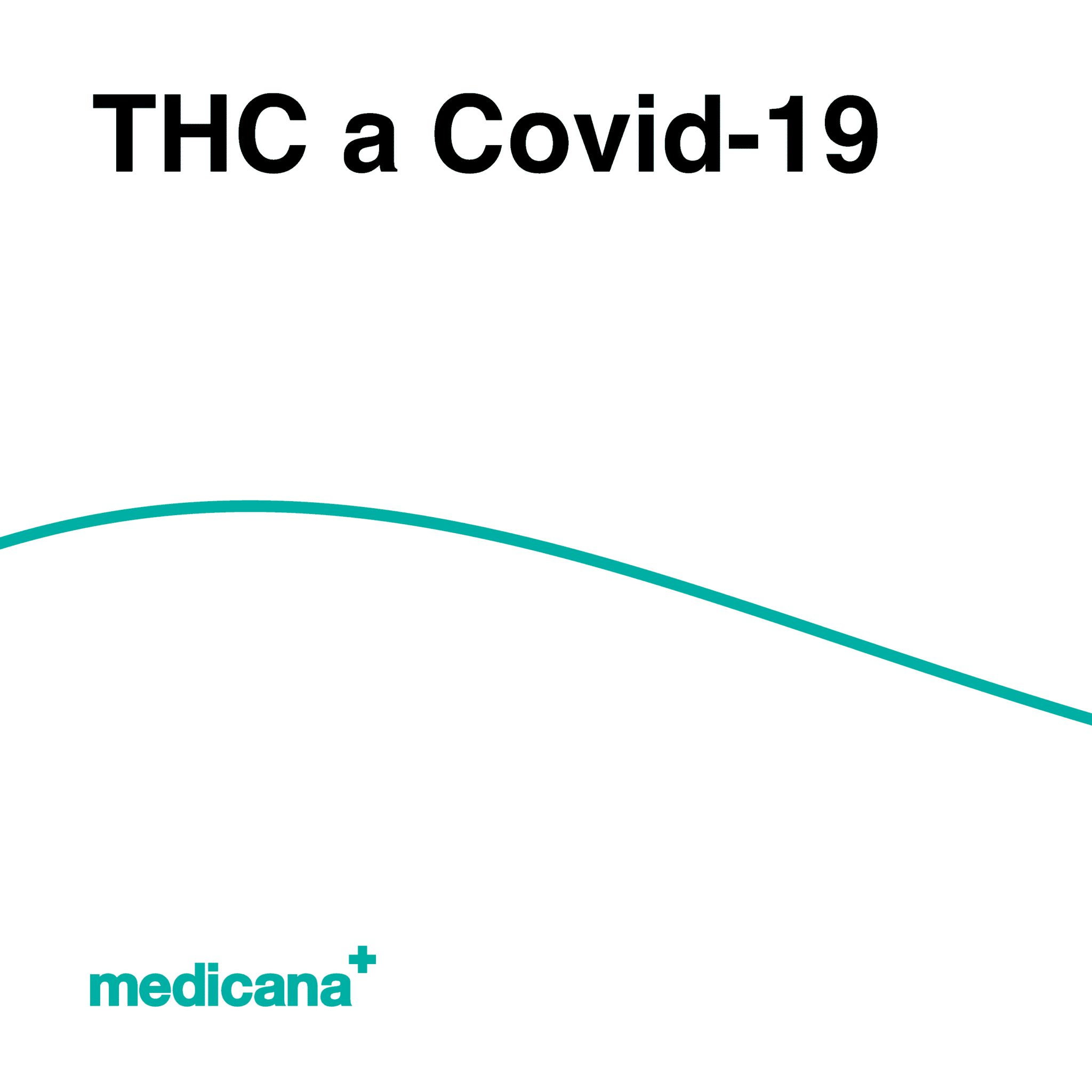 Grafika, białe tło z zieloną linią, czarnym napisem THC a Covid-19 i logo Medicana Centrum Terapii Medyczna Marihuana w lewym dolnym rogu.