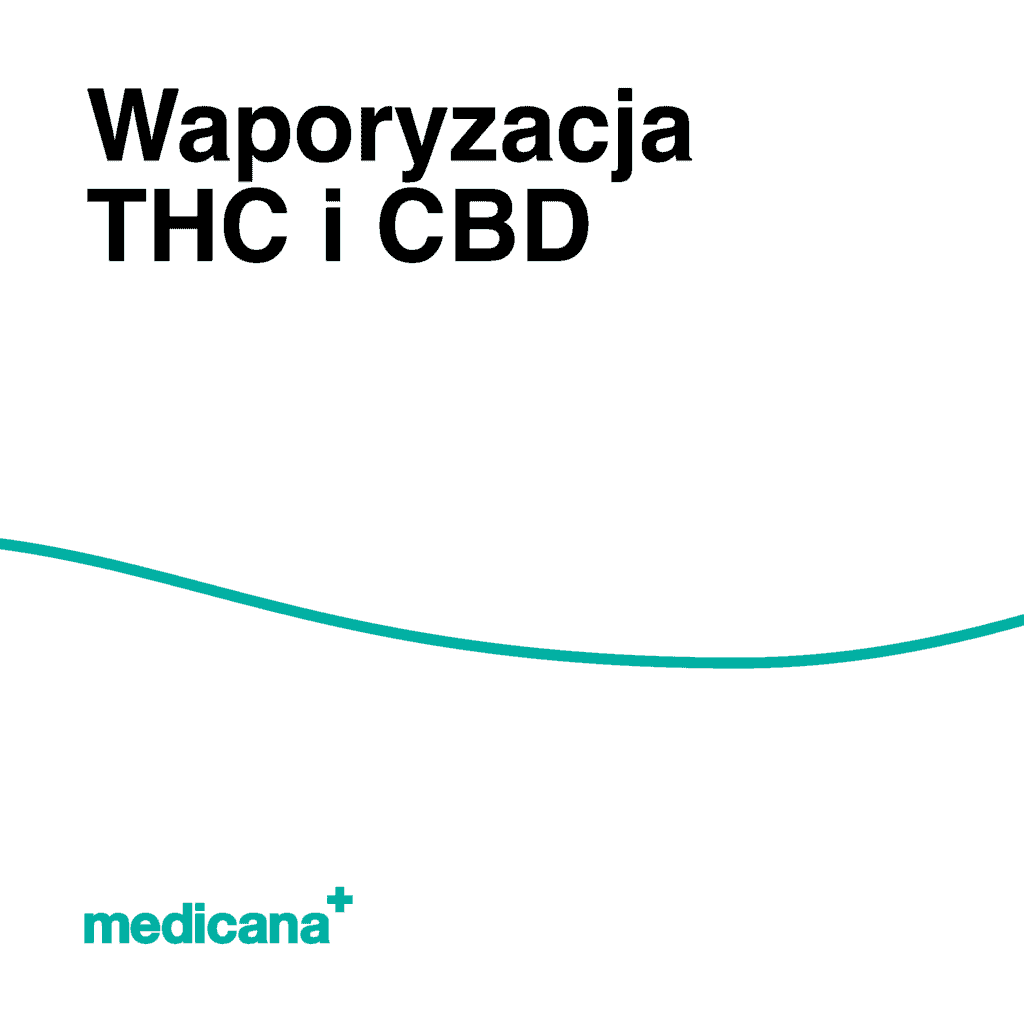 Grafika, białe tło z zieloną linią, czarnym napisem Waporyzacja THC i CBD i logo Medicana Centrum Terapii Medyczna Marihuana w lewym dolnym rogu.