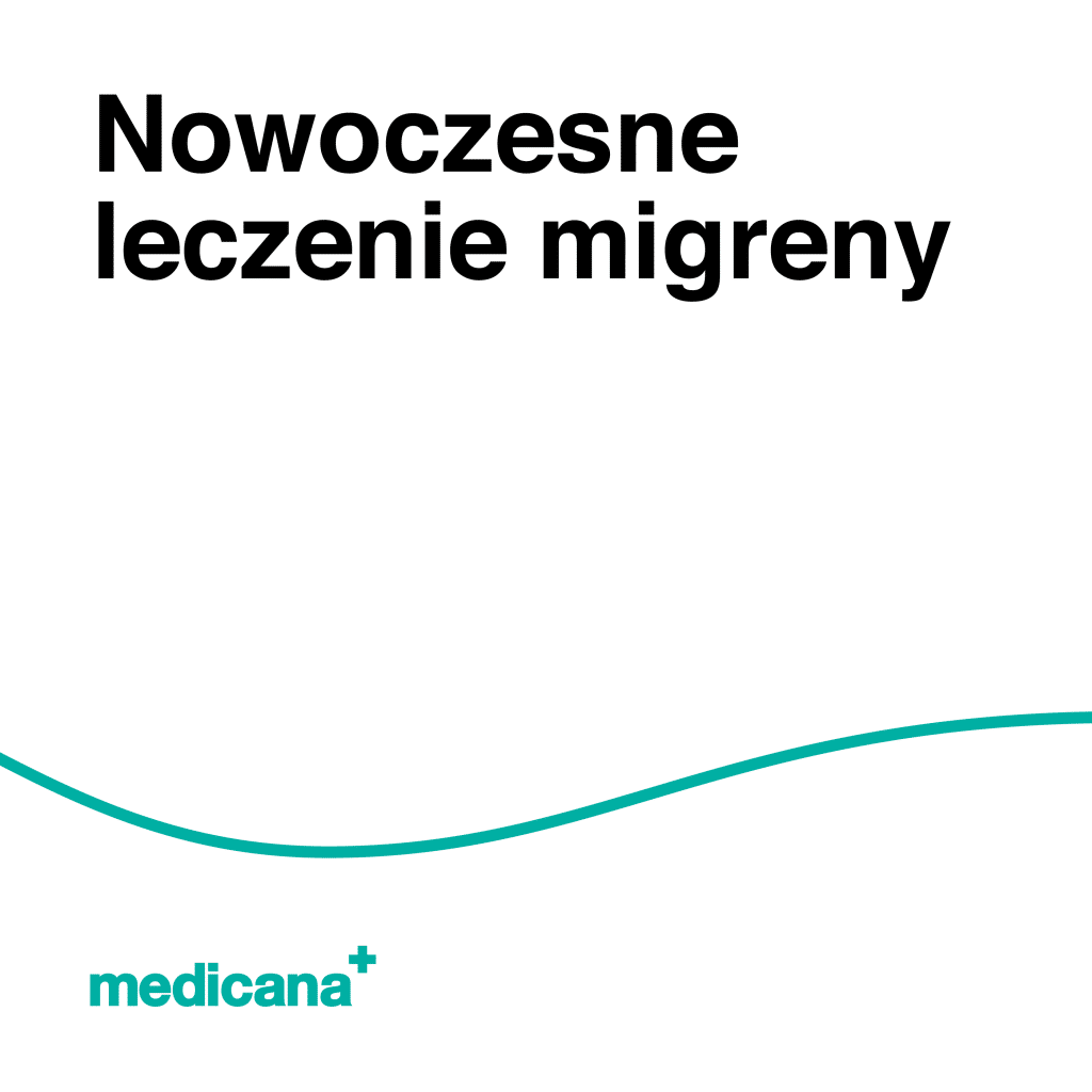 Grafika, białe tło z zieloną linią, czarnym napisem Nowoczesne leczenie migreny i logo Medicana Centrum Terapii Medyczna Marihuana w lewym dolnym rogu.